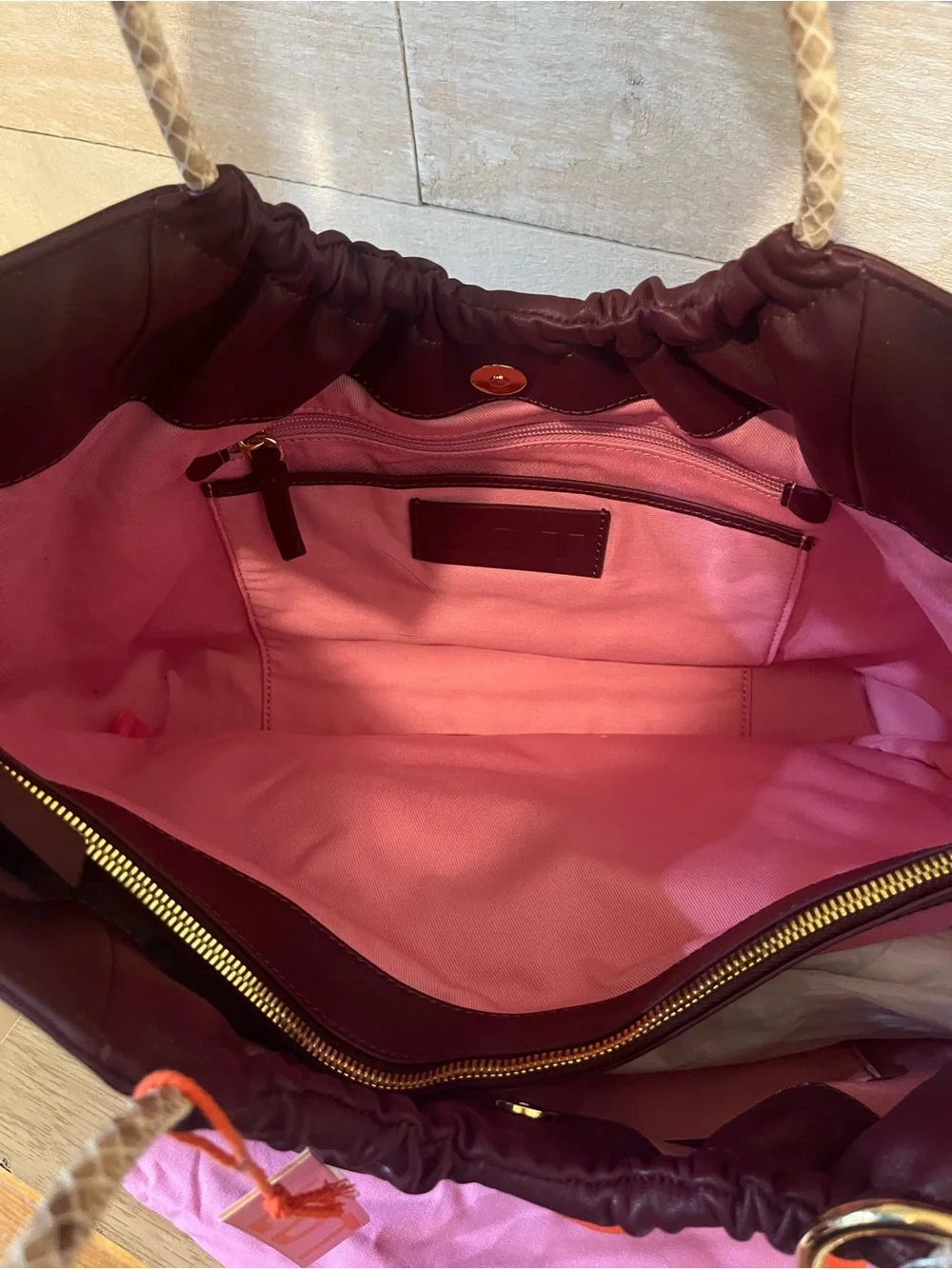 LDT Burgundy Hobo Tote with Braided Snakeskin Cream Handles NWT